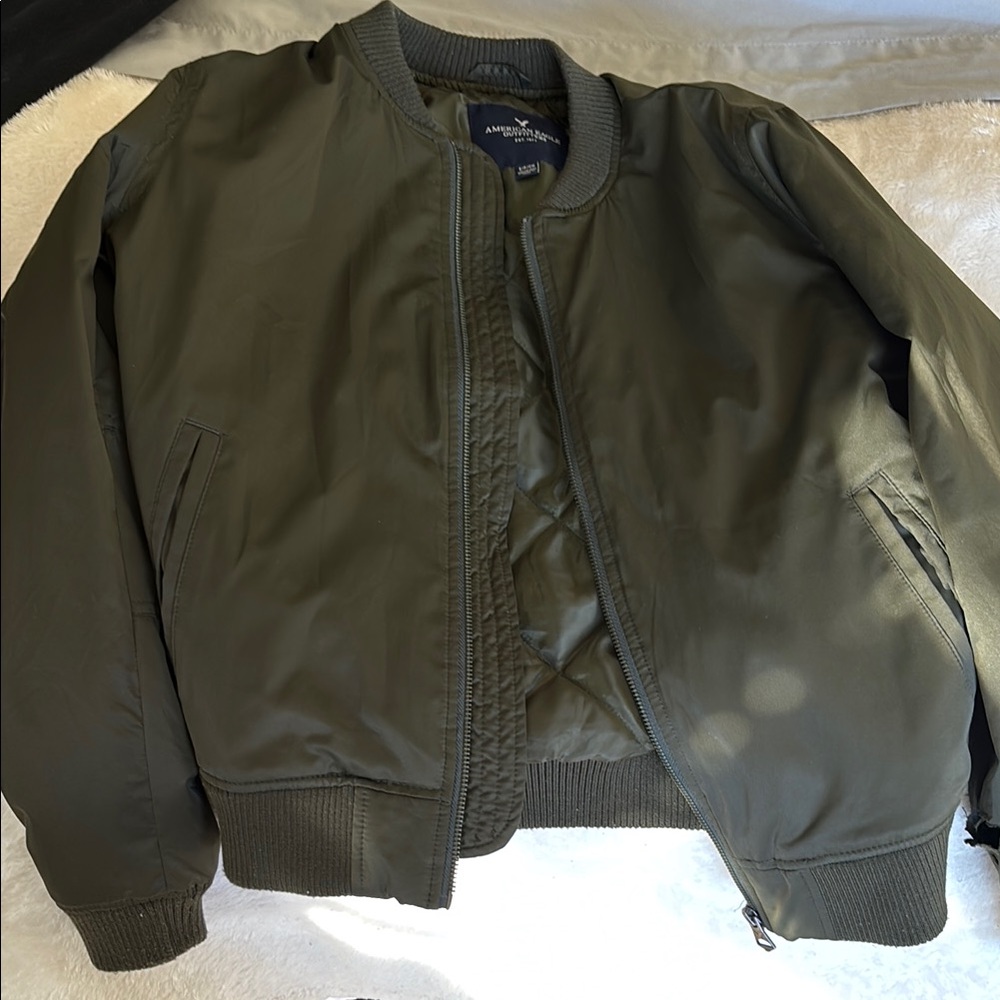 American Eagle Outfitters Green Bomber Jacket with Ribbed Collar